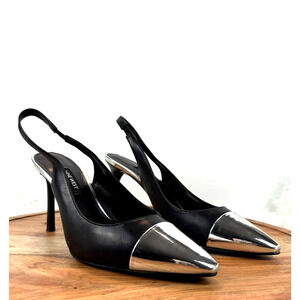 Nine West Sz 8M Black Silver Cap Toe Pointed Slingback Stiletto Heels Pumps Chic